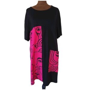 Fashion Concepts Artsy Dress Size M Lagenlook Pink Black Pocket Casual